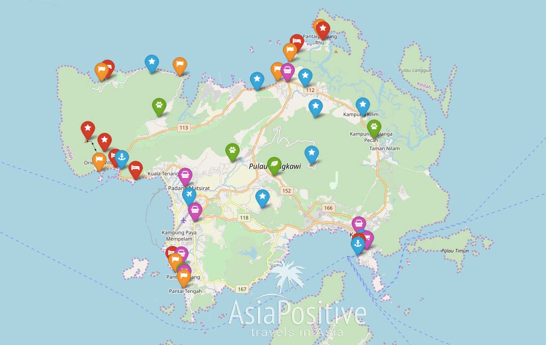 Туристическая карта Лангкави (Малайзия) с достопримечательностями, пляжами, отелями и портами