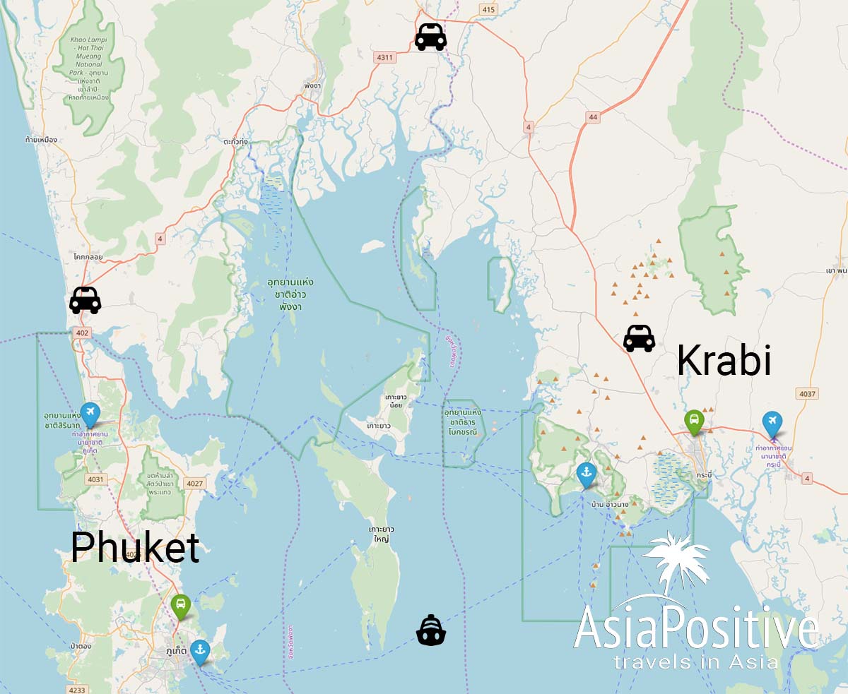 Карта Краби и Пхукета с аэропортами, автостанциями и портами
