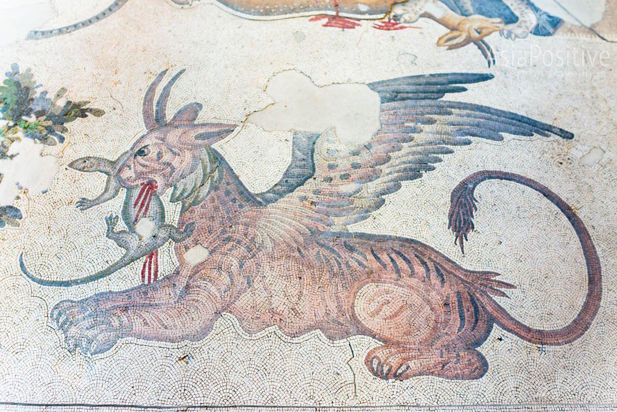 Mythical griffin devours a reptile. Mosaics Museum in Istanbul | Travel with AsiaPositive.com