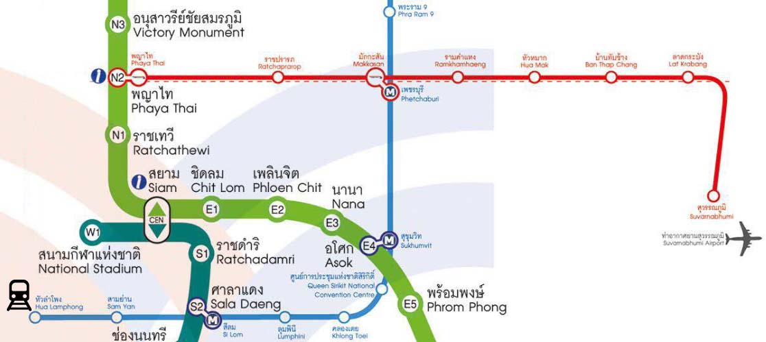Схема со всеми остановками Airport Rail Link, ветками метро и BTS | Как добраться из аэропорта Суварнабхуми в Бангкок | Таиланд с AsiaPositive.com