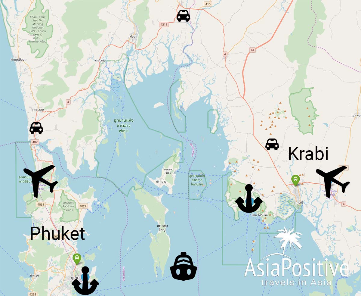 Карта Краби и Пхукета с аэропортами, автостанциями и портами