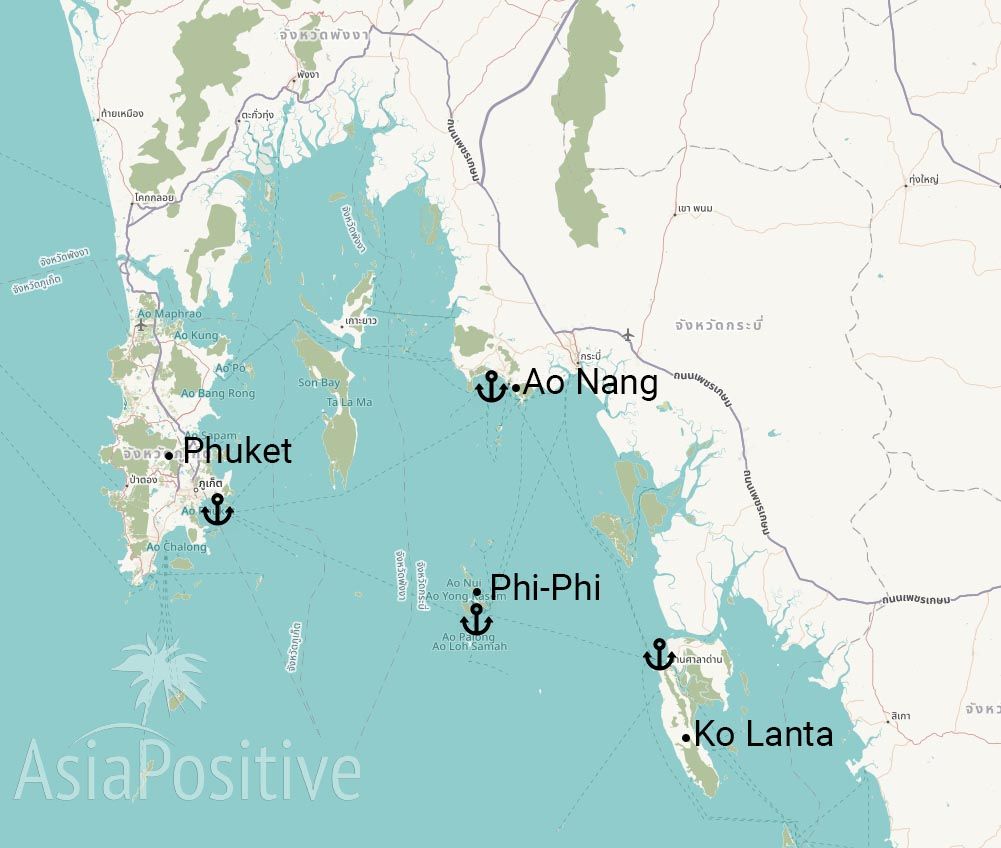 Карта Таиланда с островами Пхукет, Ко Ланта, Пхи-Пхи и курортом Ао Нанг (Краби) | Как добраться с Пхукета на остров Ко Ланта | Путешествия и отдых с AsiaPositive.com