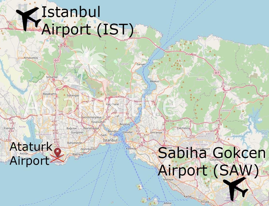 Аэропорты Стамбула на карте | Как добраться из аэропорта Сабихи Гёкчен в Новый Аэропорт Стамбула