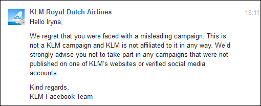 Ответ KLM в Фейсбук Быстрый и очень чёткий ответ KLM в Фейсбук