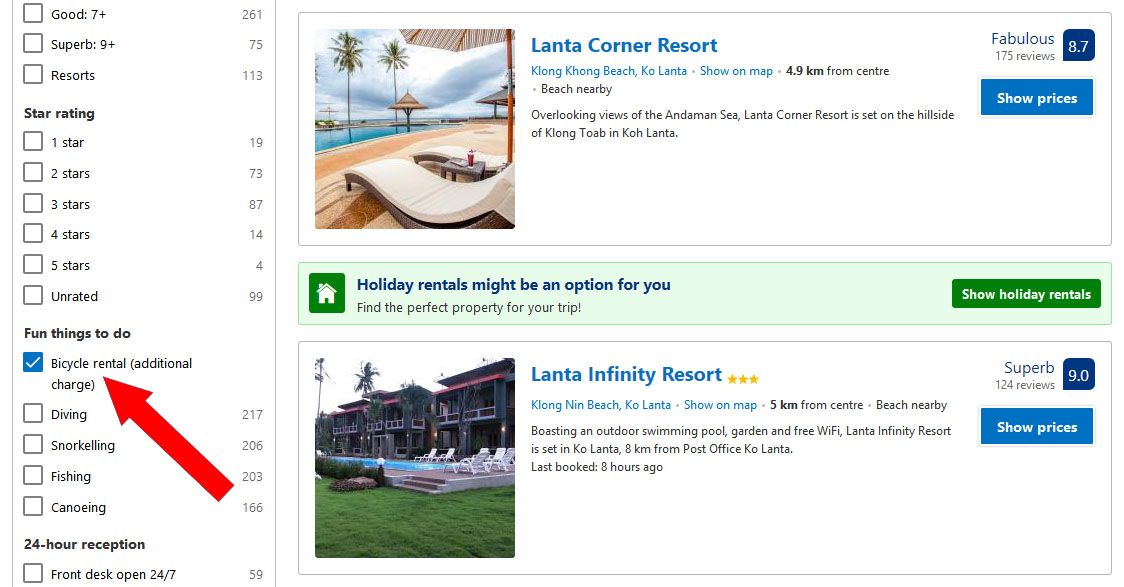 The filter will help to book a hotel in which there is a bicycle rental. | Transport on Koh Lanta (Thailand) | Travel with AsiaPositive.com