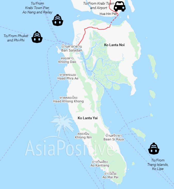 Острова Ко Ланта Яи и Нои на карте | Как добраться из Краби до отеля на Ко Ланта | Путешествия по Азии с AsiaPositive.com