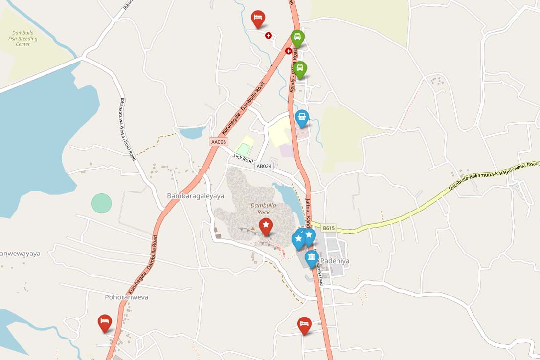 Туристическая карта Дамбуллы (Шри-Ланка) с достопримечательностями, отелями и автостанциями