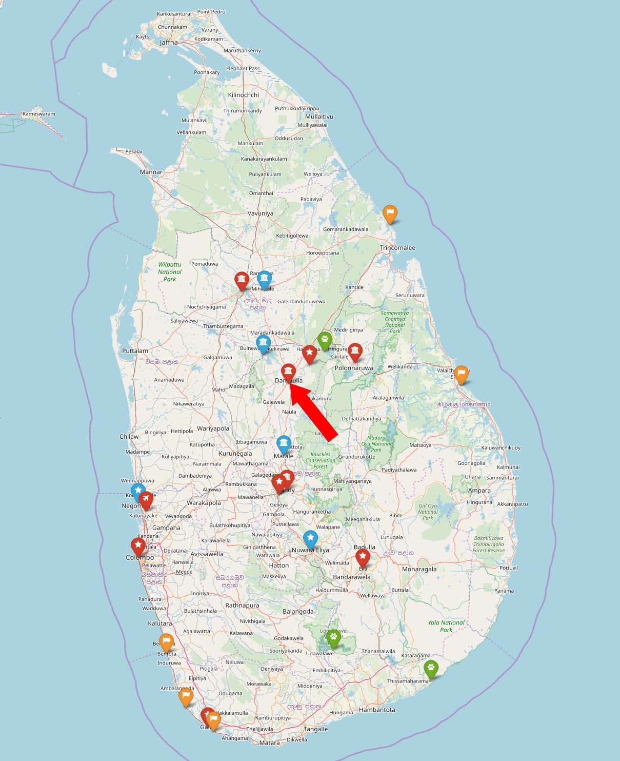 Дамбулла на туристической карте Шри-Ланки | Путешествия AsiaPositive.com