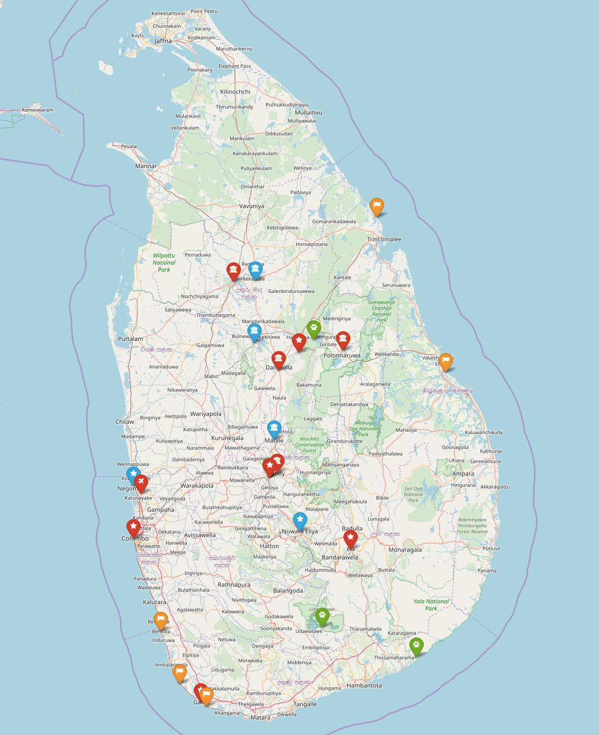 Карта, на которой отмечены самые популярные пляжи и главные достопримечательности Шри-Ланки | Туристическая карта Шри-Ланки | Путешествия по Азии от AsiaPositive.com