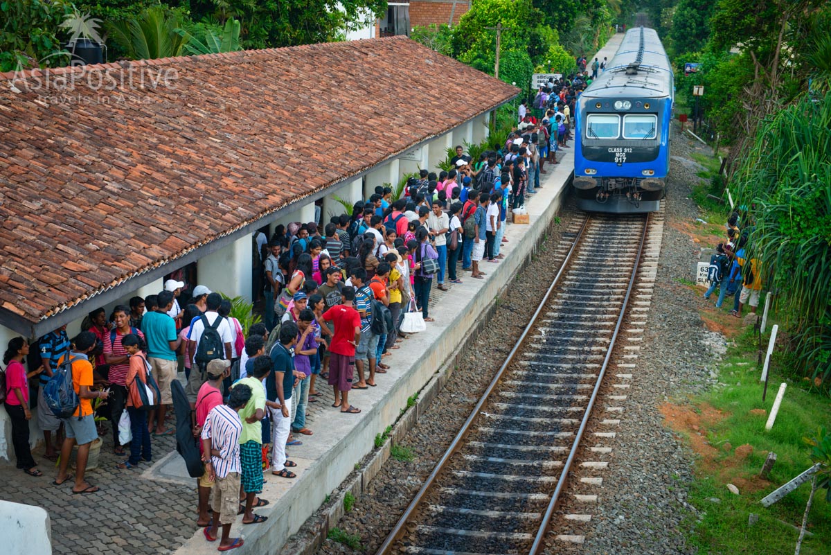 Все, кто стоит на платформе и в кустах, сядут на подъезжающий поезд, в котором уже немало пассажиров третьего класса | Как купить билет на поезд по Шри-Ланке