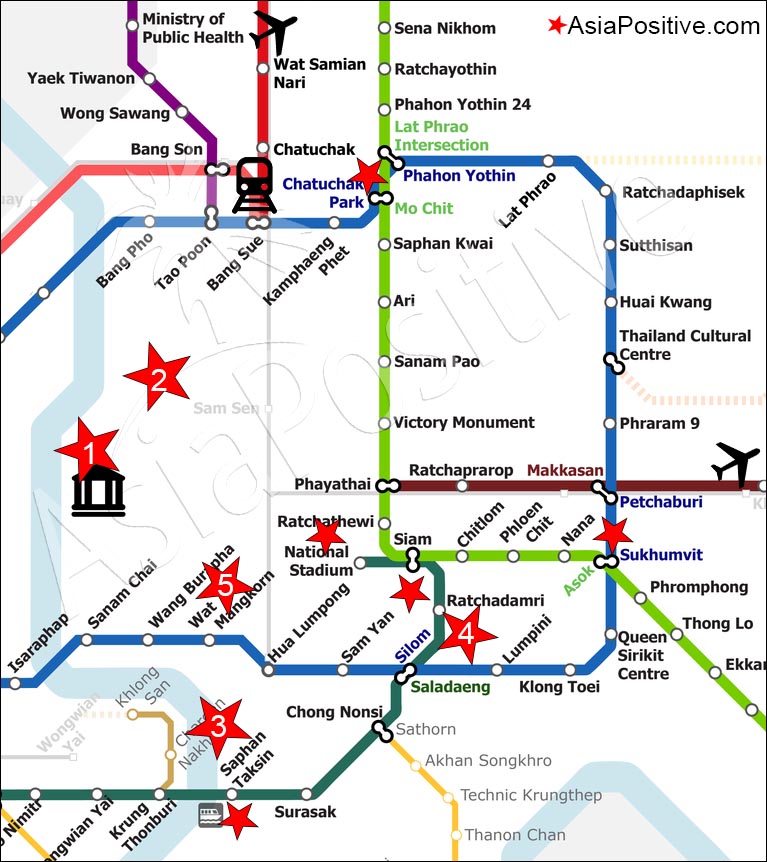 Карта - схема метро Бангкока с самыми интересными районами столицы Таиланда