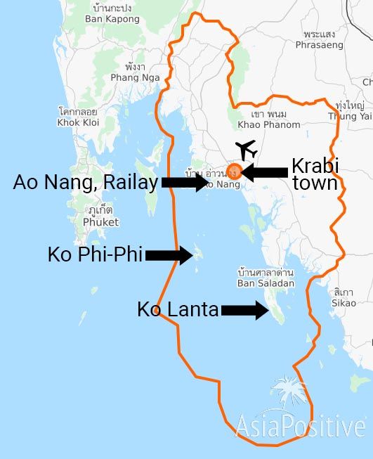 Tourist destinations in Krabi on the map | The best places to go in Krabi (Thailand) | Travel and leisure with Asiapositive.com