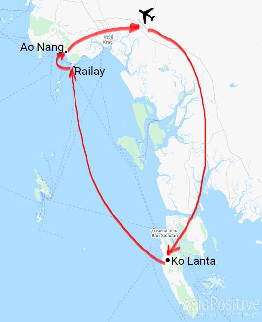 Схема маршрута путешествия по Краби (Ко Ланта, Рейли и Ао Нанг) | AsiaPositive.com
