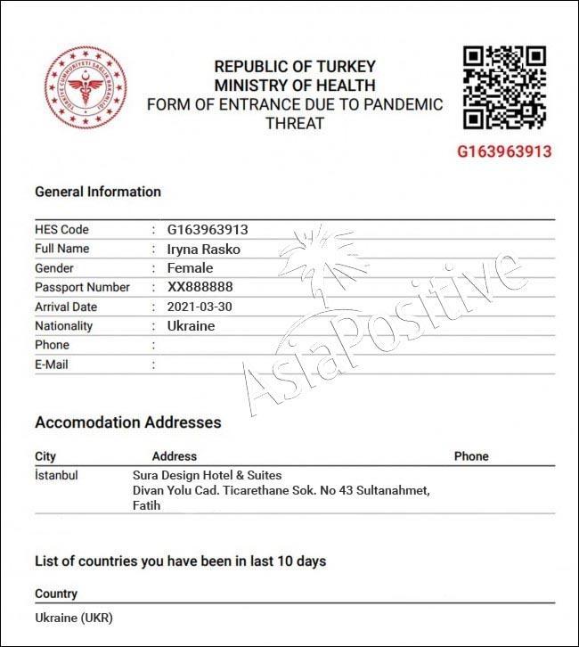 Форма для въезда в Турцию с HES-кодом