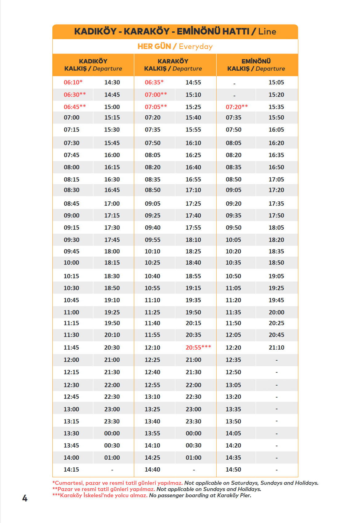 KADIKÖY - KARAKÖY - EMİNÖNÜ HATTI / Ferry Line Timetable