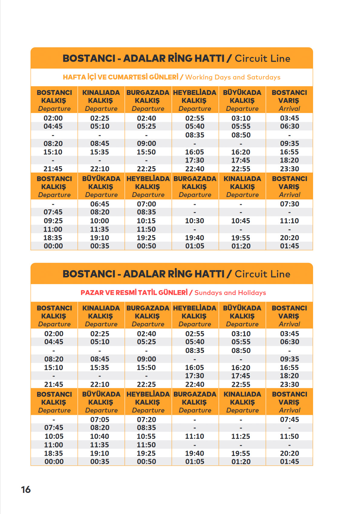 Расписание паромов BOSTANCI - ADALAR RİNG HATTI 