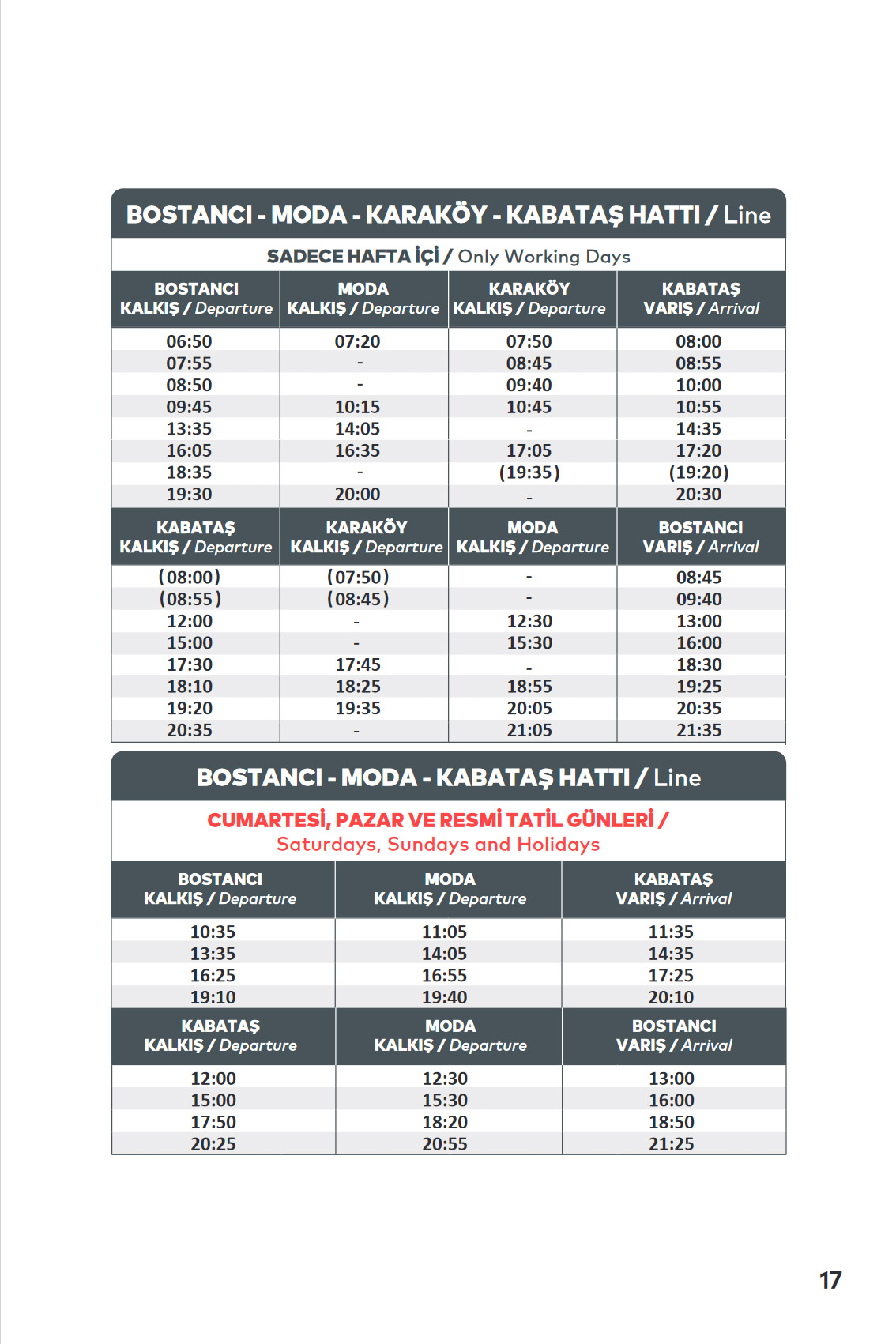 BOSTANCI - MODA - KARAKÖY - KABATAŞ Ferry Line Timetable