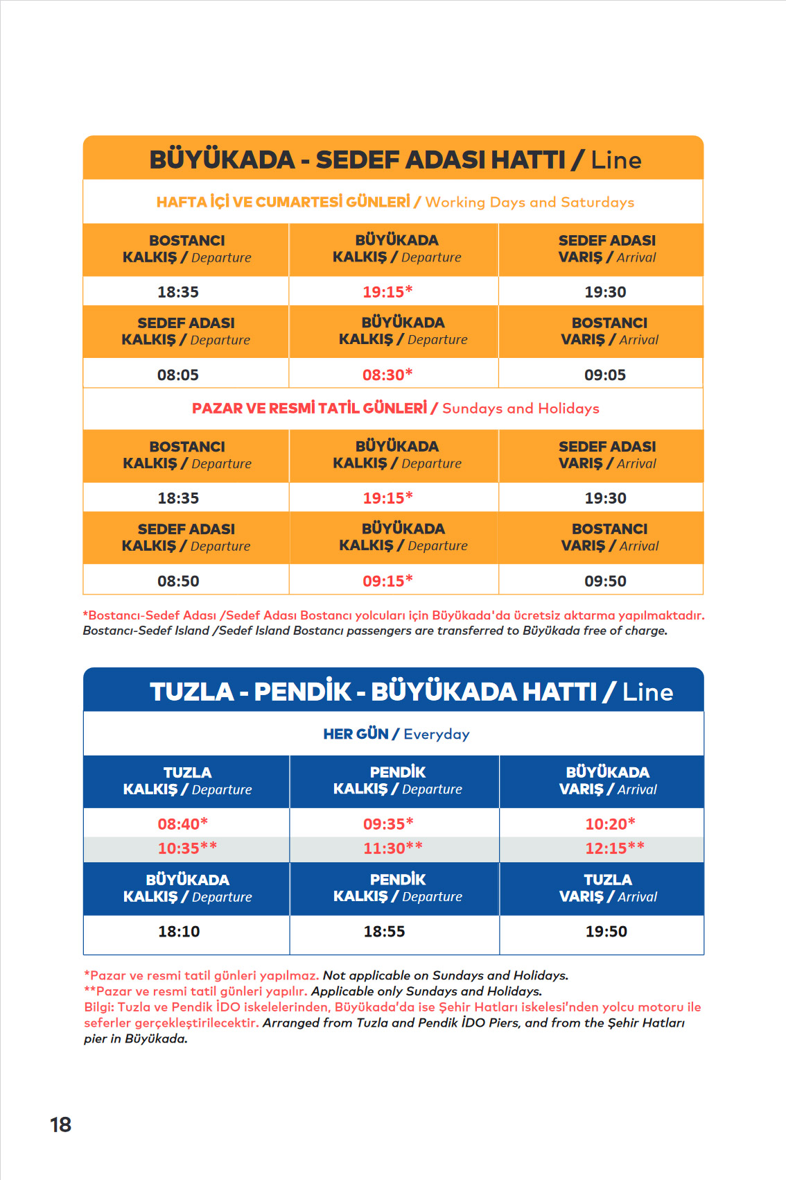 Расписание паромов BÜYÜKADA - SEDEF ADASI and TUZLA - PENDİK - BÜYÜKADA