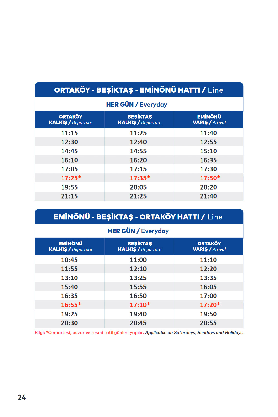 ORTAKÖY - BEŞİKTAŞ - EMİNÖNÜ Ferry Line Timetable