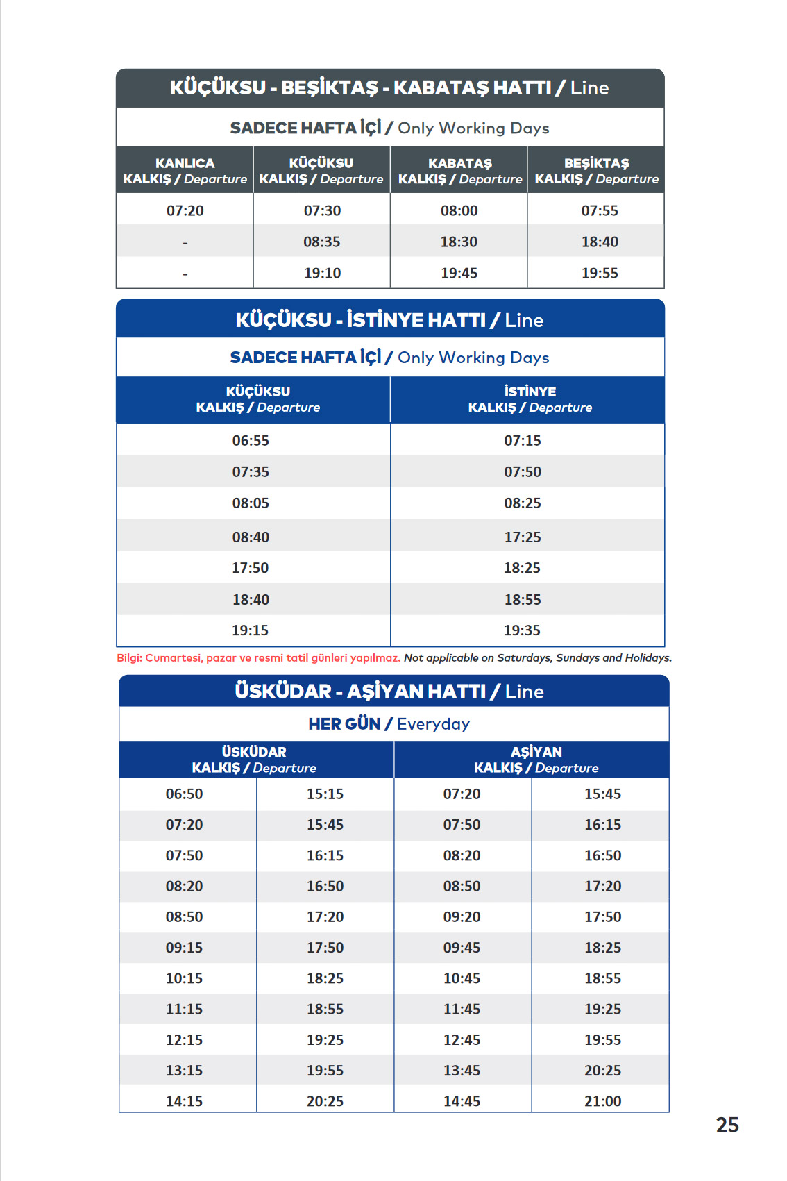 Расписание паромов KÜÇÜKSU - BEŞİKTAŞ - KABATAŞ, KÜÇÜKSU - İSTİNYE, ÜSKÜDAR - AŞİYAN