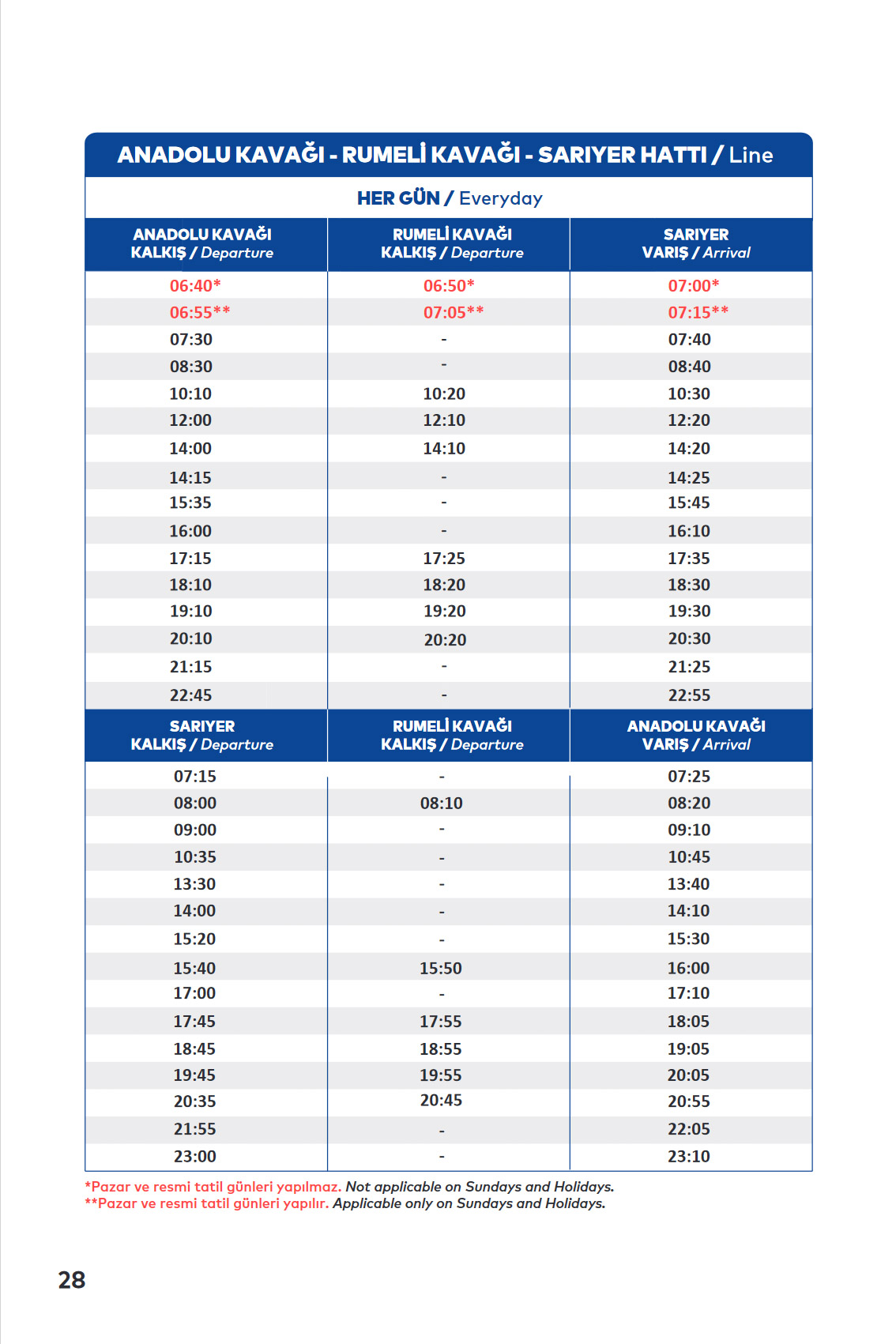 ANADOLU KAVAĞI - RUMELİ KAVAĞI - SARIYER Ferry Line Timetable