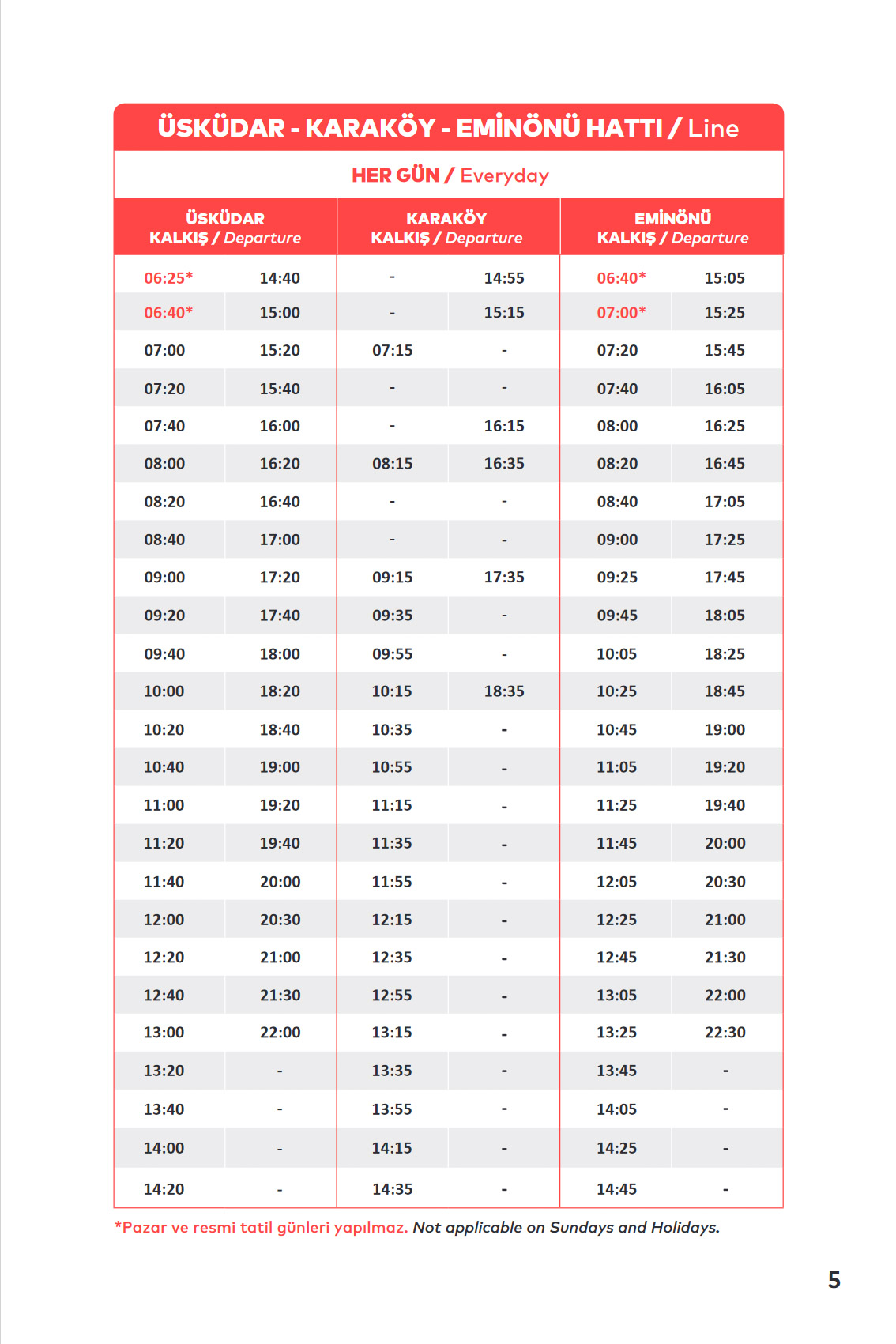 ÜSKÜDAR - KARAKÖY - EMİNÖNÜ HATTI / Ferry Line Timetable