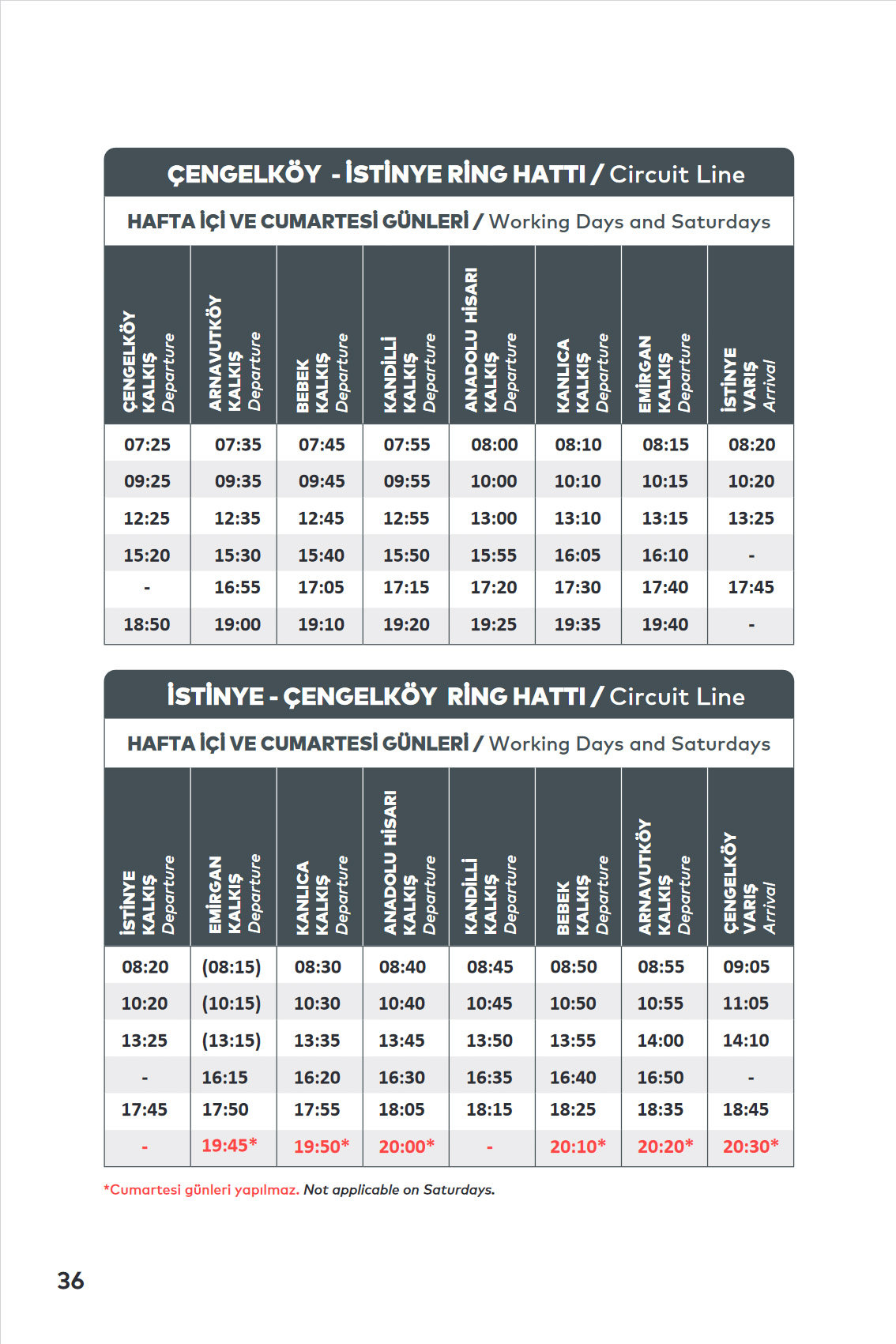 ÇENGELKÖY - İSTİNYE Circuit Ferry Line Timetable