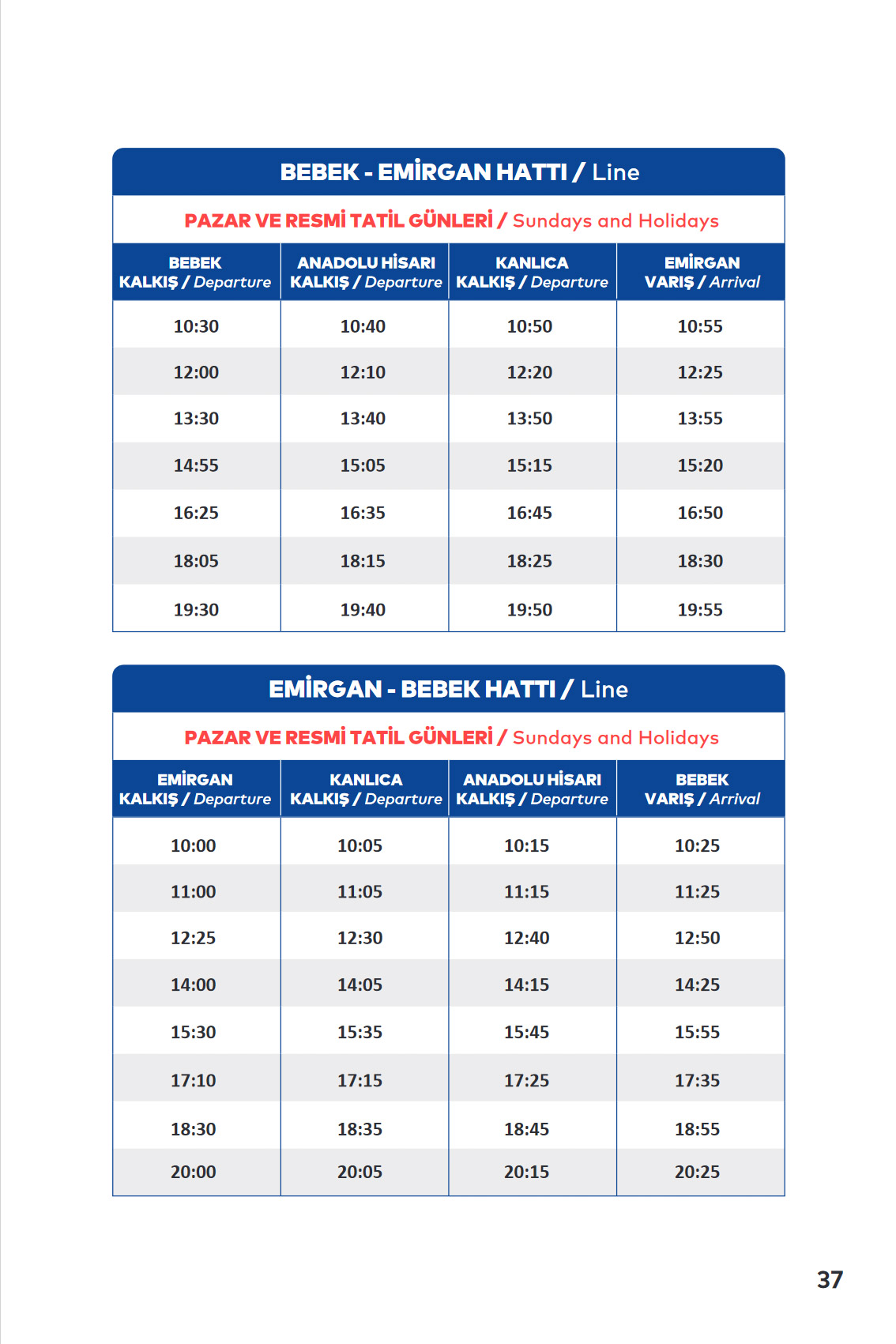 BEBEK - EMİRGAN Ferry Line Timetable