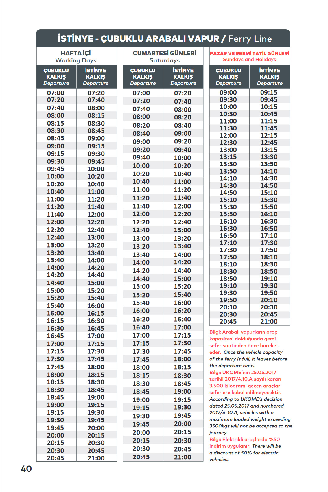 İSTİNYE - ÇUBUKLU ARABALI VAPUR / Ferry Line Timetable