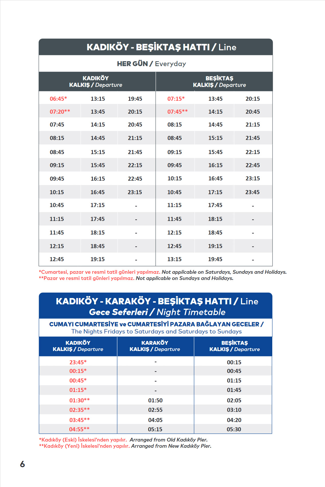 KADIKÖY - BEŞİKTAŞ HATTI / Ferry Line Timetable