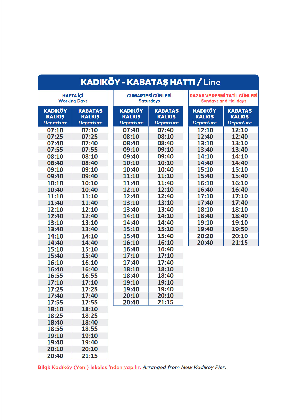 KADIKÖY - KABATAŞ HATTI / Ferry Line Timetable