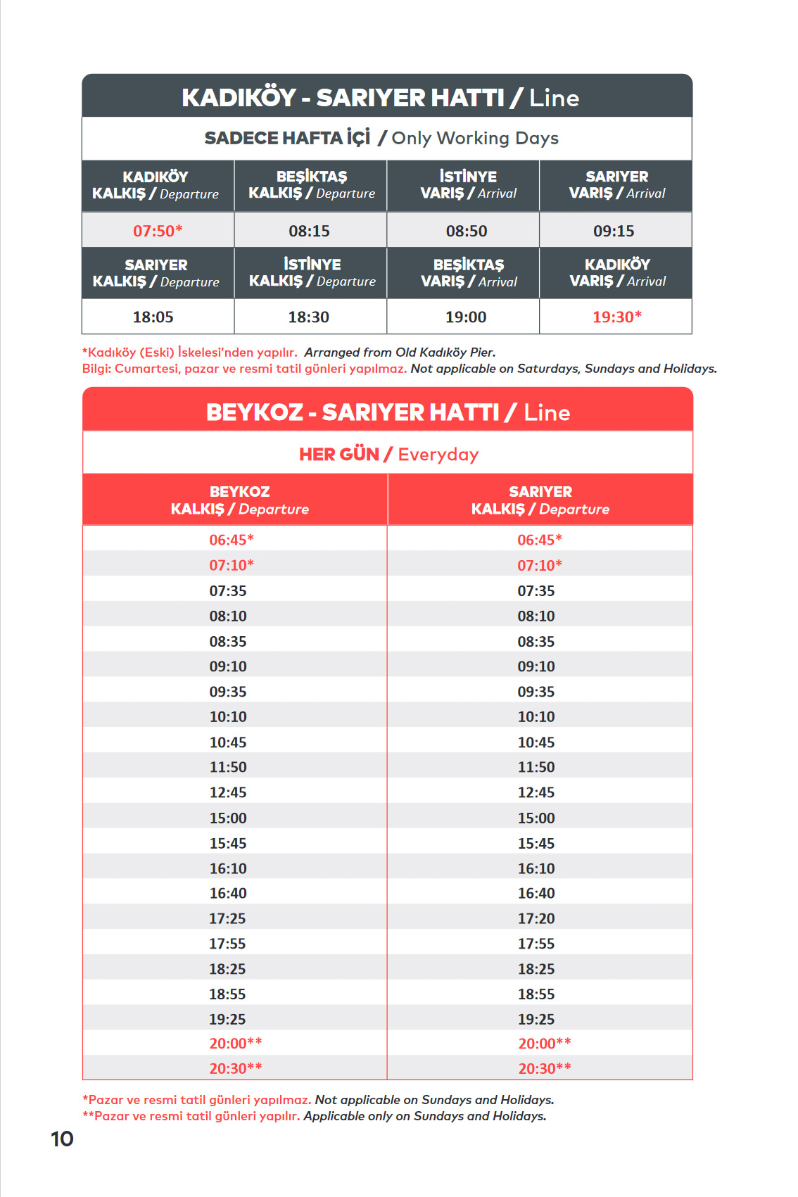 KADIKÖY - SARIYER and BEYKOZ - SARIYER Ferry Line Timetable