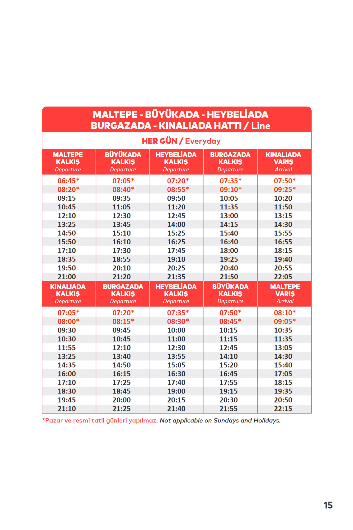 Расписание паромов MALTEPE - BÜYÜKADA - HEYBELİADA - BURGAZADA - KINALIAD