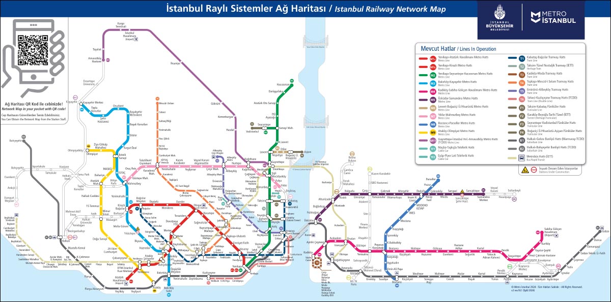 Istanbul metro and tramway map with metro from New Airport