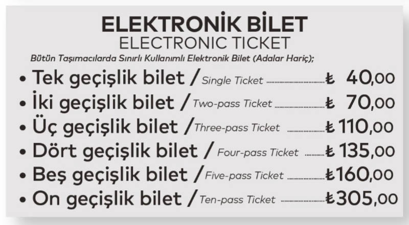 Ticket prices for public transport in Istanbul